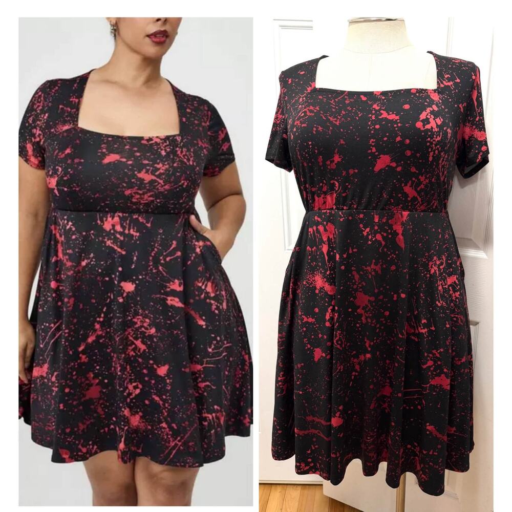 Torrid 00 (M/L) Black/Red Splatter Halloween Skater Mini Dress w/Pockets Gothic